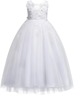 Big Girls Lace Flower Wedding Bridesmaid Formal Party Tulle Dresses Long Pageant Communion Prom Floor Length Ball Gown 13-14 Years White