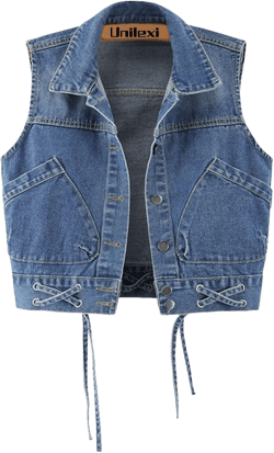 Unilexi Womens Crop Denim Vest Lapel Collar Lace Up Short Jean Gilet with Pockets X-Large Blue