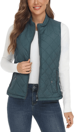YESLIFE 2024 Women's Outwear Quilted Vest With One Inside Pocket - Stand Collar Lightweight Padded Gilet for Women Green XX-Large