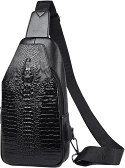 Crocodile Leather Sling Bag Crossbody Backpack for Men Women Unisex Black