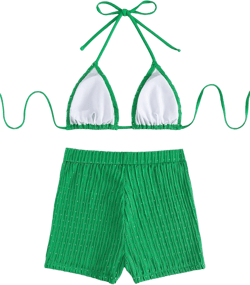 COZYEASE Women's 2 Piece Swimsuits Halter Triangle Top with High Waisted Shorts Bathing Suits Bikini Sets Medium Green