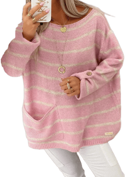 Akivide Womens Baggy Oversized Striped Sweater Trendy Color Block Casual Pullover Knit Tunic Sweater Jumper Large Pink & White
