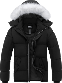 Skieer Men's Hooded Puffer Jacket Outdoor Waterproof Winter Coat Warm Parka with Detachable Hood Large Black