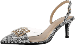 Soireelady Womens Low Kitten Slingback Heel Pumps Transparent Clear PVC Shoes Pointed Toe Slip On Crystal Rhinestones Dress Shoes 2.5 Inches 9 Flower White