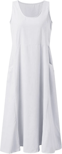 ZOCAVIA Cotton Linen Dress for Women Summer Flowy Casual Baggy Sleeveless Maxi Dress Crewneck Sundress with Pockets 4X-Large White