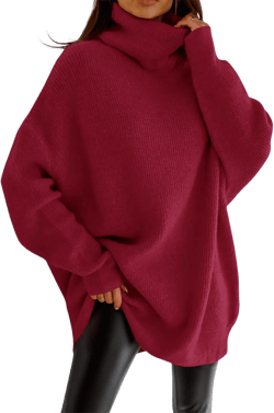 imesrun Womens Turtleneck Oversized Sweater Batwing Chunky Pullover Sweater Casual Fall Loose Knit Jumper Top Medium Burgundy
