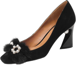 Amazon.com | Fashion Heel Suede Leather Women's Square Toe Chunky Heels Vintage Floral Handmade Dress Pump Shoes with Fur Pearl (Black, US8) | Pumps
