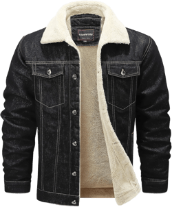 HOW'ON Men's Plus Cotton Warm Fur Collar Sherpa Lined Denim Jacket Button Down Classy Casual Quilted Jeans Coats Outwear