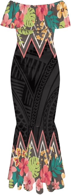 Polynesian Tribal Samoan Print 2024 for Woman's Mermaid Gowns Prom Evening Elegant Party Off Shoulder Dresses 7X-Large Pink Hibiscus Flower