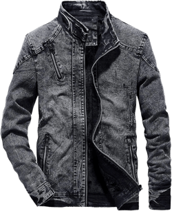 JEKE-DG Men's Distressed Denim Jacket Zipper Retro Band Collar Regular Moto Jacket Slim Fit Full Zip Up Jean Coats