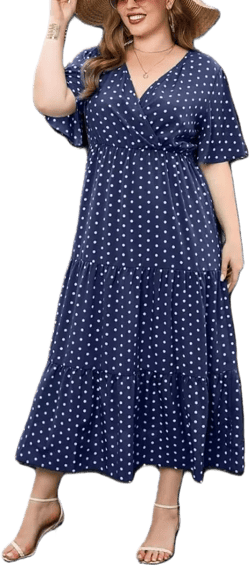 Women's Plus Size Polka Dot Dress Casual V Neck Short Sleeve Maxi Dress A-Line Pleated Hem Swing Midi Sun Dress