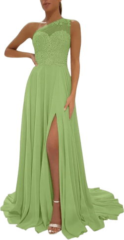 One Shoulder Chiffon Bridesmaid Dresses for Wedding 2025 Lace A-Line Slit Formal Evening Party Gown with Pockets Sage 20