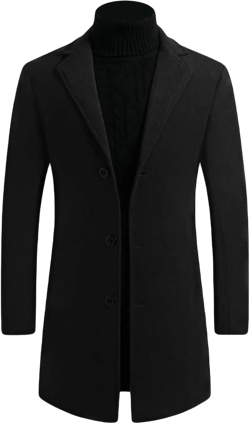 Maiyifu-GJ Mens Wool Blend Trench Coat Mid-Length Notched Collar Long Top Pea Coats Business Single Breasted Jacket Overcoat 4X-Large Black