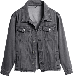 LONGBIDA Women's Jean Jacket Frayed Washed Button Up Cropped Denim Jacket With Pockets Small Z-grey Black