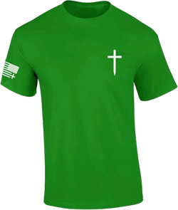 Mens Christian Shirt Faith Cross Crest American Flag Sleeve T-Shirt Graphic Tee Medium Kelly Green