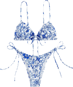Floerns Women's 2 Piece Boho Floral Print Frilled Knot Front Bra and Tie Side Thongs Bikini Set