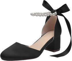 Women's Round Toe Satin Wedding Shoes Chunky Block Heels with Pearls Bridal Pumps Ankle Strap Prom Evening Party Shoes Sandal 10.5 Black
