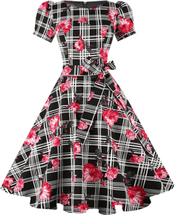 tagunop Women's Boatneck Vintage 1950s Cocktail Party Dress with Puff Sleeves Small Floral