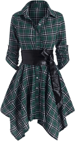 Women Plaid Shirt Dress with PU Waist Belt A-Line High Low Tunic Dresses Elegant Vintage Button Down Dress S-XXL A Green Large