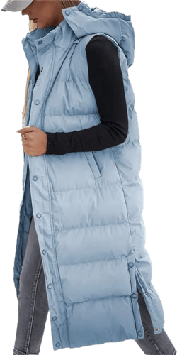 Tankaneo Women's Sleeveless Long Quilted Vest Hooded Button Down Puff Vest Cotton Padded Jacket Winter Outerwear Medium Blue
