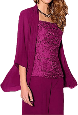 Women's 3 Pieces Chiffon Mother of The Bride Dress Pants Suits Wedding Outfit Lace Evening Dress 26 Fuchsia