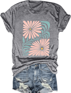 Savarana Women Boho Flower Shirts Vintage Daisy T Shirt Funny Wildflowers Graphic Tees Cottage Core Short Sleeve Vacation Tops