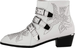 Arqa Women's Studded Ankle Boots Leather Multiple Buckle Chunky Heel Booties Almond Toe Zipper Punk Boot 8.5 White Sliver