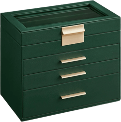 SONGMICS Jewelry Box Organizer with Glass Lid, 4-Layer Jewelry Storage, with 3 Drawers, Modern Style, 6 x 9.9 x 8.5 Inches, Forest Green and Gold Color UJBC161G01 4 Layer (6"D x 9.9"W) Forest Green + Gold