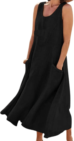 yoeasy Women's Cotton Linen Casual Loose Pockets Long Dress Plain Sleeveless Tank Dress