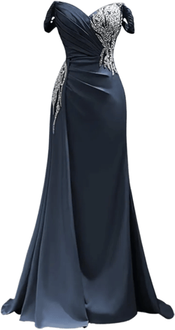 RYANTH Women's Satin Prom Dresses 2025 Beaded Mermaid Formal Dresses Ruched Evening Dress with Train RHH044 24 Navy Blue