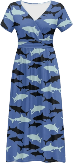Womens Fall Dresses Short Sleeve V-Neck Maxi Dress with Pockets Empire Pleated Waist Swing Dress for Wedding Guest Small Sharks