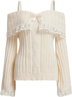 Women Y2k Knit Off Shoulder Top Solid Color Long Sleeve Slim Fit Crop Sweater Sexy Retro Fairy Grunge Fall Streetwear C Off White Lace Small