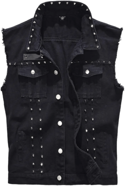 Cekaso Men's Denim Vest Sleeveless Jacket Punk Rock Jean Vest Casual Outerwear Vests with Rivets Large Black