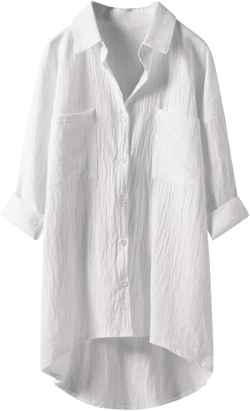 Women's Linen 2024 Shirts Solid 3/4 Sleeve Cotton Cute Trendy Tops V Neck Casual Flowy Dresses Gauze Oversized Loose White X-Large