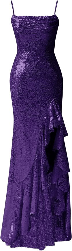 Plum Prom Dress Sequin Spaghetti Straps Long Mermaid Ruffle Sparkly Backless Formal Evening Gowns with Slit US8