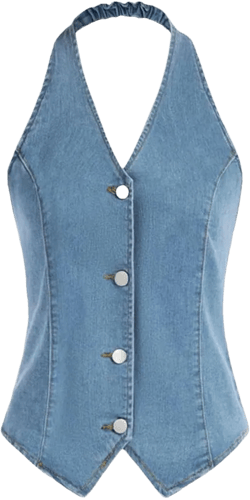 Women's V Neck Single Breasted Retro Denim Vest Halter Neck Regular Fit Dressy Vest Medium Light Blue