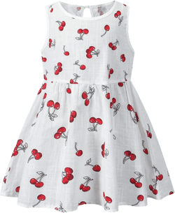 Toddler Ballet Dress Summer New Small and Medium Girl Cotton and Linen Cherry Printed Sleeveless Vest Dress Beige 3-4T