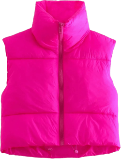 Women's Winter Crop Puffer Vest Lightweight Sleeveless Zip Up Stand Collar Warm Outerwear Vest Padded Gilet Pink Small