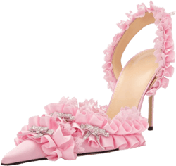 Goolita Bow Crystal-Embellished Slingback Heels For Women, Sexy Pointed Toe Stiletto High Heeled Sandals Ruffled Slip On Party Evening Pumps Shoes 9 Pink