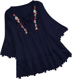 Women Cotton Linen Embroidered Tops Loose Fit Tunic 3/4 Sleeve Summer Blouse Shirts Boho Peasant Trendy Clothes 2024 J017-navy 3X-Large