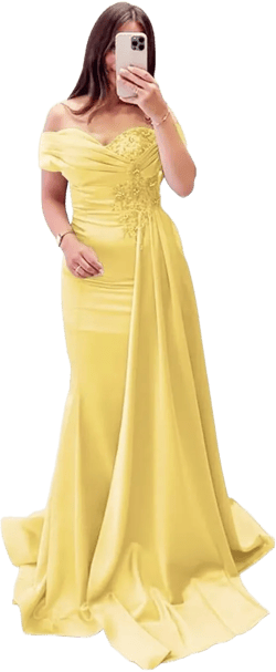 Off Shoulder Satin Bridesmaid Dresses Mermaid Long Prom Dress Lace Applique Formal Evening Gowns 16 Yellow