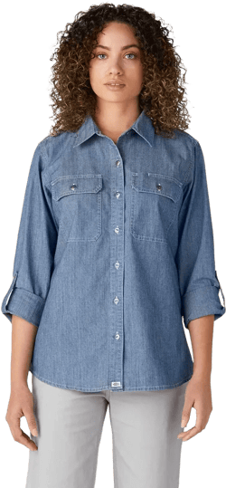 Dickies Women’s Chambray Roll-Tab Work Shirt, Stonewashed Light Blue (LSW), S,S