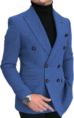 Men's Double-Breasted Men Suit Tweed Slim Fit Wool Jacket Smart Wedding Blazer 48 Blue