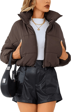 Lumister Womens Lightweight Quilted Jacket Long Sleeve Stand Collar Zipper Cropped Puffer Jacket Coat Large Brown