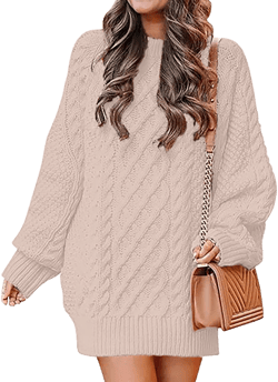 Leesechin Womens Fall Sweater Dresses Casual Oversized Cable Knit Chunky Pullover Crewneck Long Sleeve Short Sweater Dress Pink