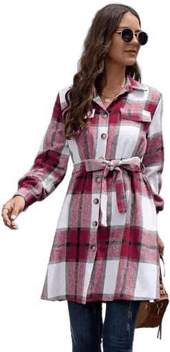 Plaid Belted Collared Neck Button Up Jacket