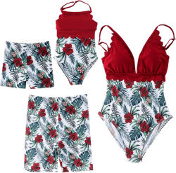 Family Matching Swimsuits Mom and Me One-Piece Swimwear Couples Bathing Suit Leaves Floral Print Beachwear