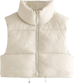Athlisan Womens Cropped Puffer Vest Zip Up Stand Collar Sleeveless Padded Crop Vests X-Small Beige