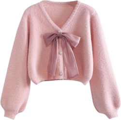 Women's Short Sweater Cardigan Winter Bow Knit Short Mink Velvet Coat Puff Sleeve V Neck Sweet Ladies Shirt