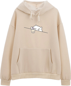Oversized Kawaii Cat Graphic Hoodies for Teen Girls Kawaii Animal Sweatshirt Women Cartoon Cotton Aesthetic Sweater X-Large Apricot